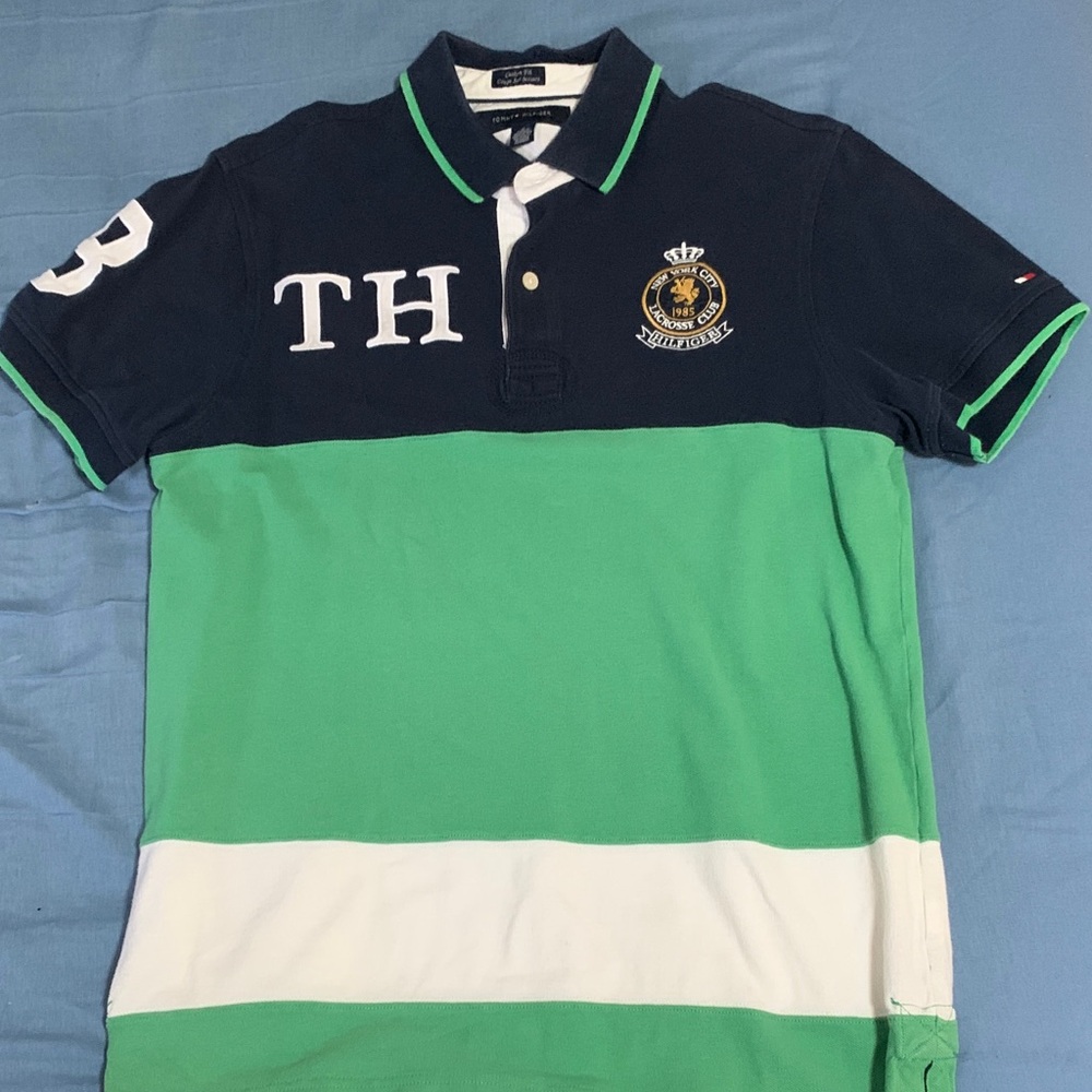 Tommy Hilfiger Polo with Navy, Green, and White Stripes